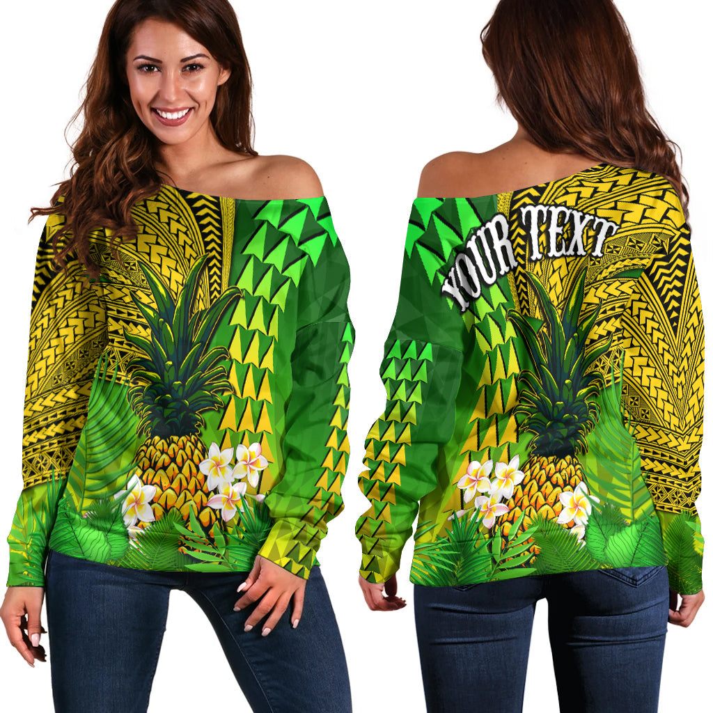 (Custom Personalised) Hawaii Pineapple Off Shoulder Sweater Plumeria Frangipani Mix Tribal Pattern