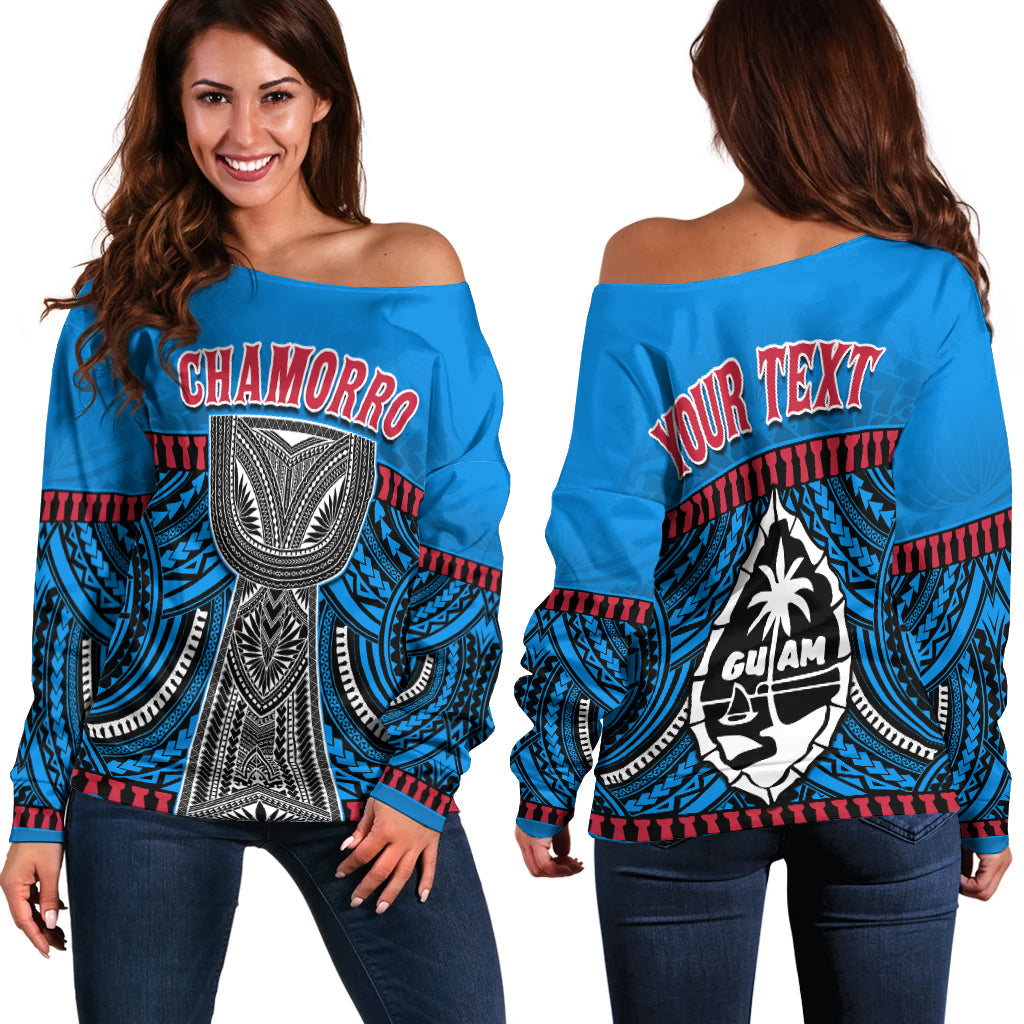 (Custom Personalised) Guam Chamorro Off Shoulder Sweater Latte Stone Blue Polynesian Haligi