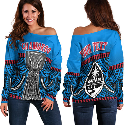 (Custom Personalised) Guam Chamorro Off Shoulder Sweater Latte Stone Blue Polynesian Haligi