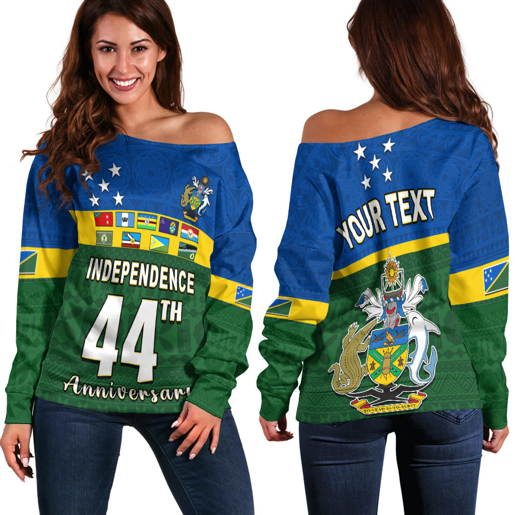 (Custom Personalised) Solomon Islands National Day Off Shoulder Sweater Independence Day Tapa Pattern
