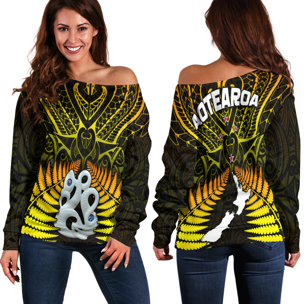 Aotearoa Fern Off Shoulder Sweater New Zealand Hei Tiki Gold Style