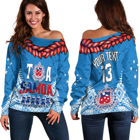 (Custom Personalise Text and Number) Toa Samoa Rugby Off Shoulder Sweater Manu Siva Tau Style Ulafala