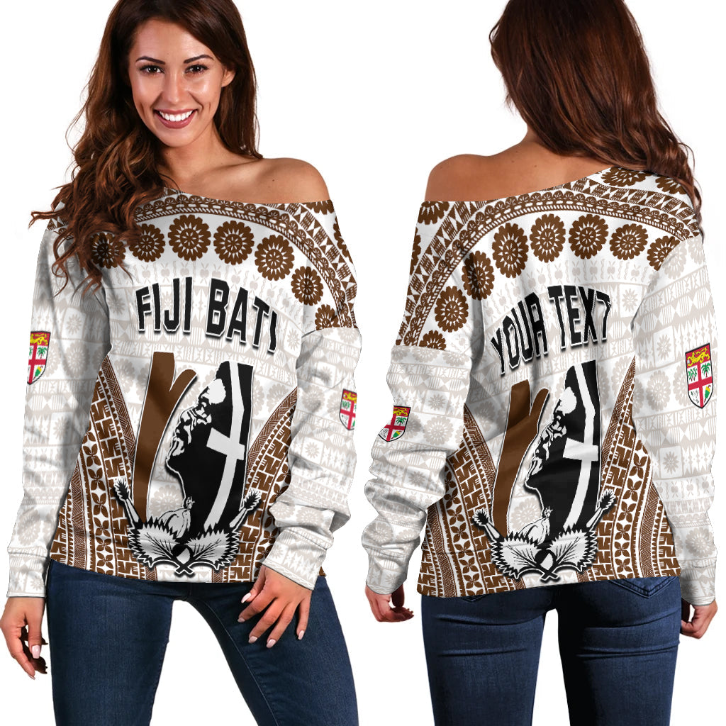 Custom Personalised Fiji Rugby Bati Off Shoulder Sweater Proud Tapa Pattern
