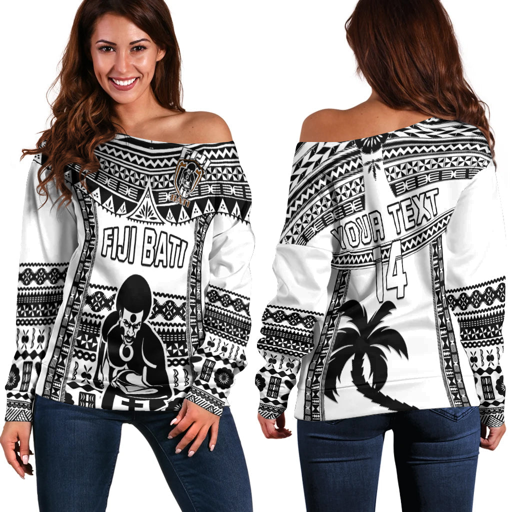 Custom Text And Number Fiji Rugby Off Shoulder Sweater Pacific The Bati Black Fijian Tapa