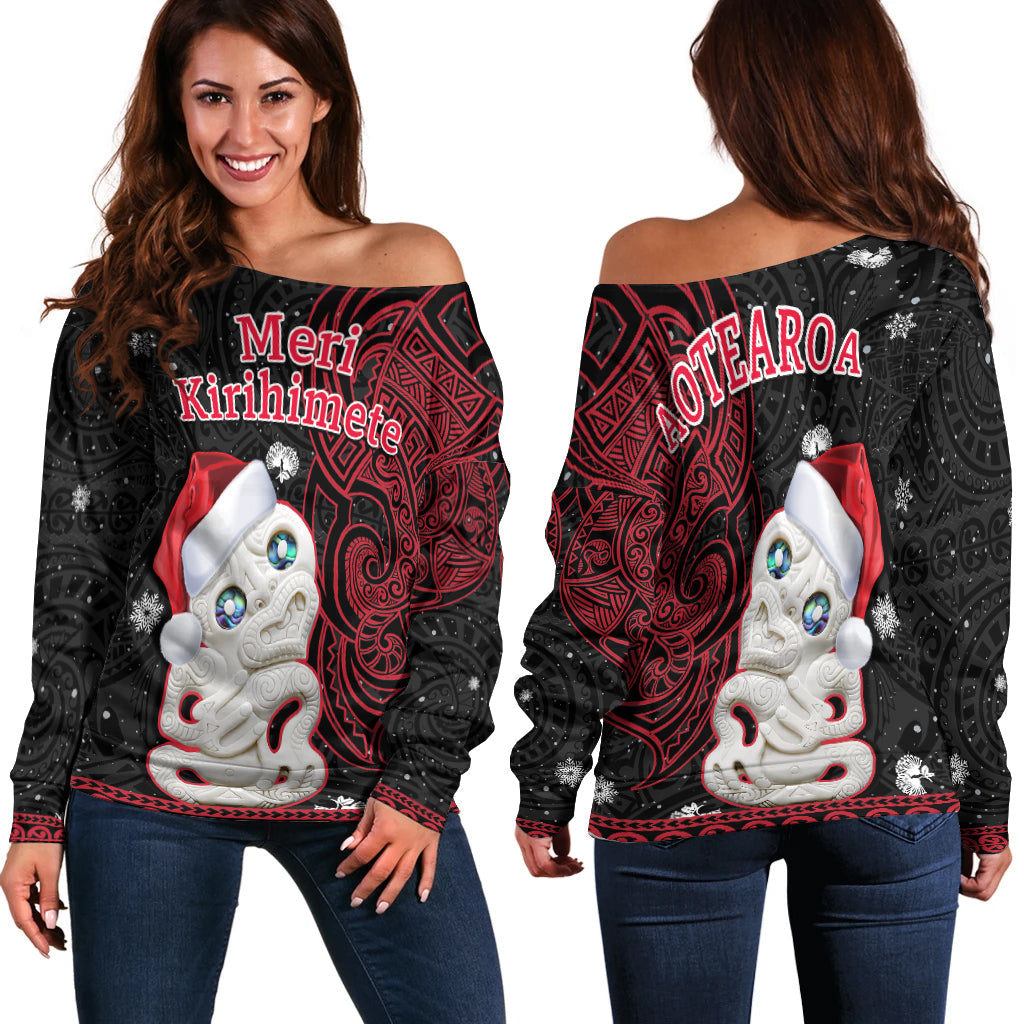 New Zealand Christmas Off Shoulder Sweater Hei Tiki Red Pohutukawa Meri Kirihimete
