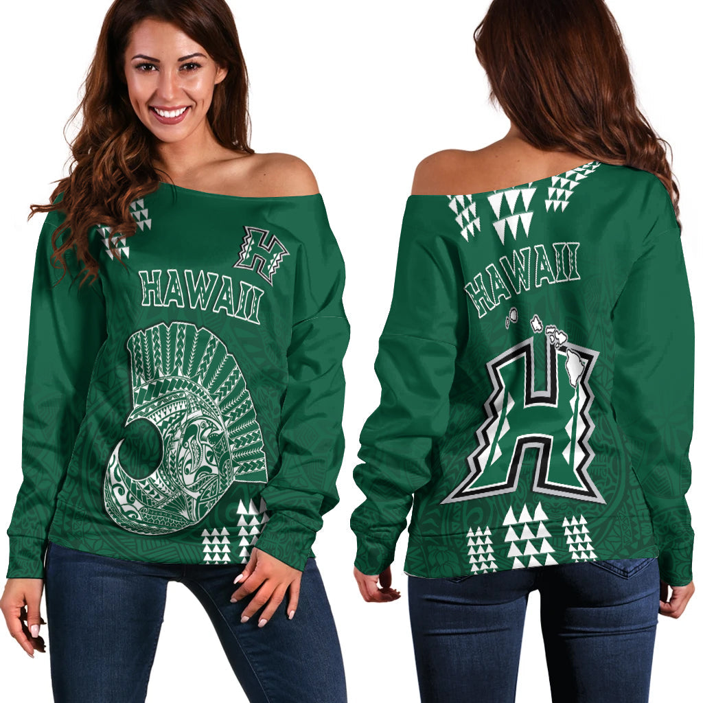 Hawaii Football Off Shoulder Sweater Kakau Rainbow Warriors Helmet