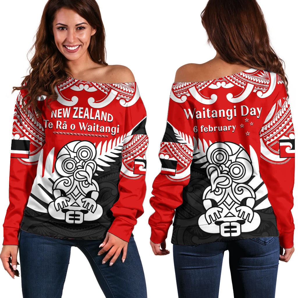 Waitangi Day Off Shoulder Sweater Tino Rangatiratanga Flag With Tiki Maori Fern