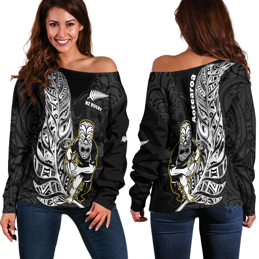 New Zealand Silver Fern Rugby Off Shoulder Sweater All Black Maori Version Black