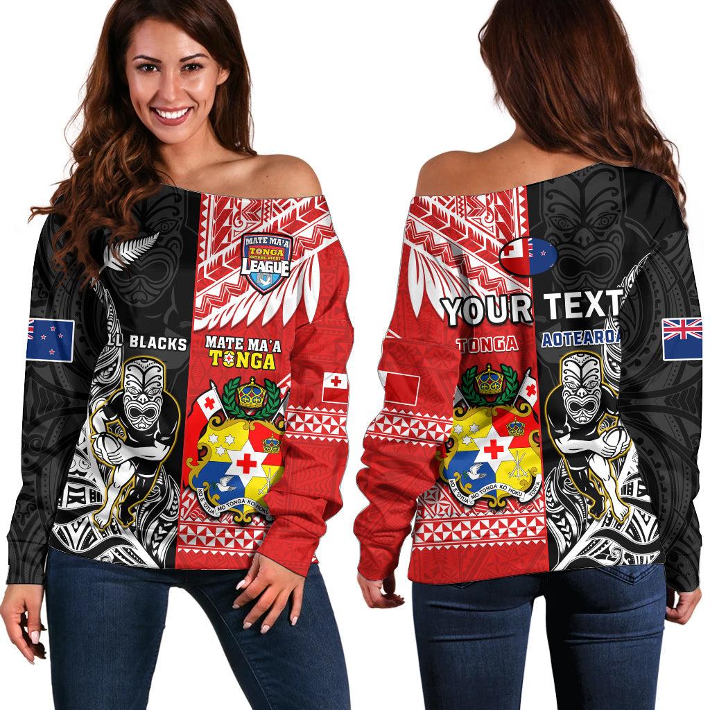 (Custom Personalised) Mate Maa Tonga And All Black Rugby Off Shoulder Sweater Polynesian Mix NZ Maori Fern
