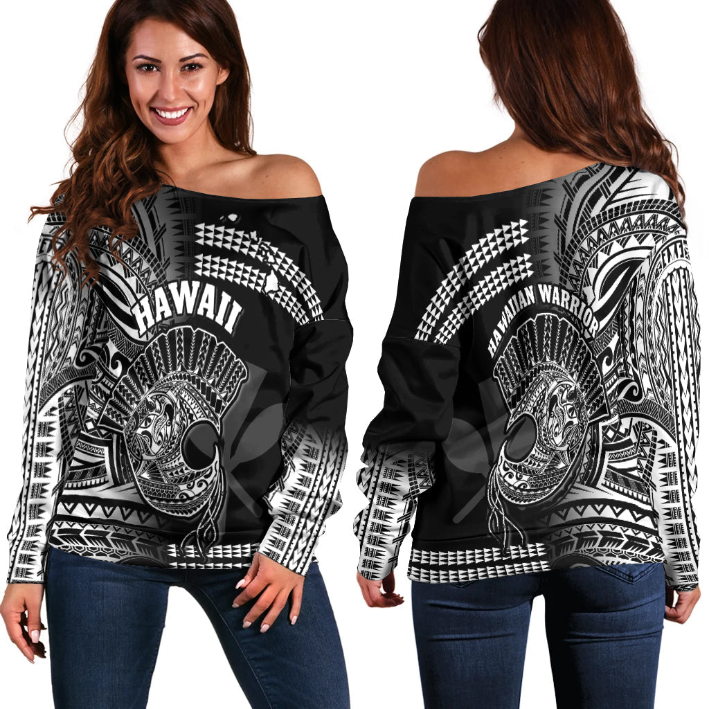 Hawaii Off Shoulder Sweater Kakau Warrior Helmet Gradient White Polynesian