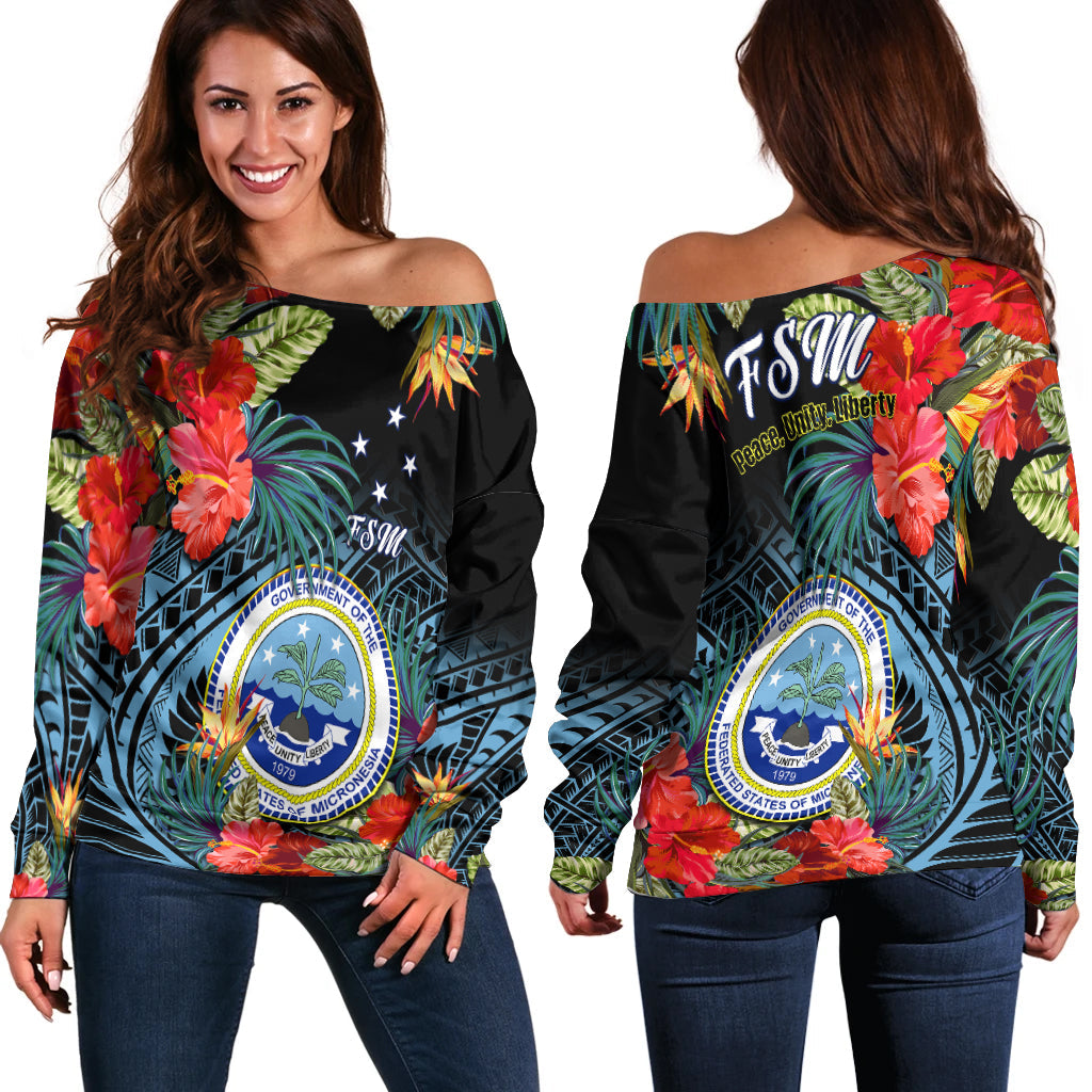 Federated States of Micronesia Off Shoulder Sweater Hibiscus Flowers FSM Seal Polynesian