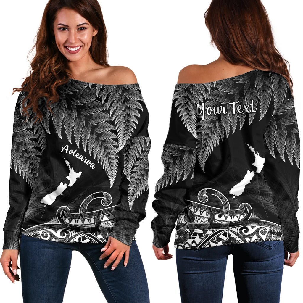 (Custom Personalised) New Zealand Silver Fern Off Shoulder Sweater Aotearoa Map Maori