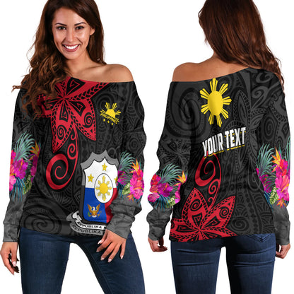 (Custom Personalised) Philippines Off Shoulder Sweater Sun Filipino Polynesian mix Flowers Black Vibe