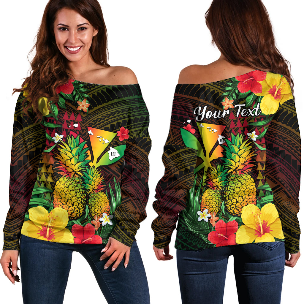(Custom Personalised) Hawaii Hoodie Off Shoulder Sweater Pineapple Mix Kakau Reggae Kanaka