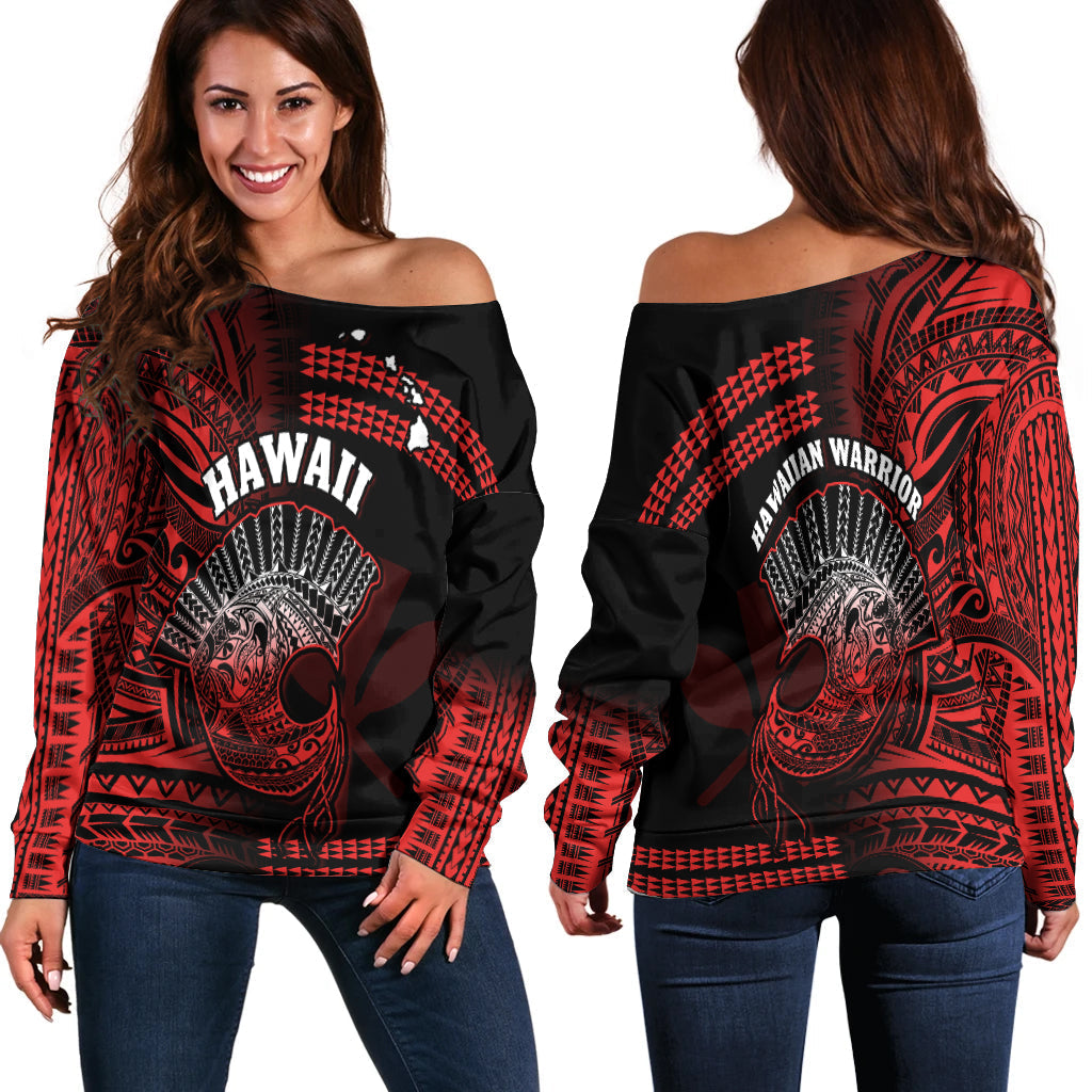 Hawaii Off Shoulder Sweater Kakau Warrior Helmet Gradient Red Polynesian