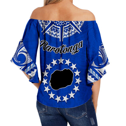 Rarotonga Cook Islands Off Shoulder Waist Wrap Top Turtle and Map Style Blue