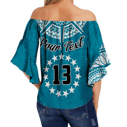 (Custom Text and Number) Cook Islands Tatau Off Shoulder Waist Wrap Top Symbolize Passion Stars Version Blue