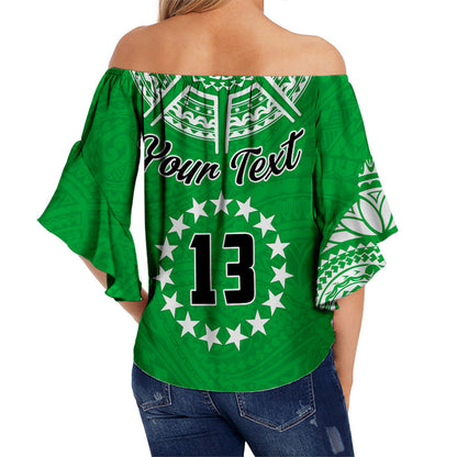 (Custom Text and Number) Cook Islands Tatau Off Shoulder Waist Wrap Top Symbolize Passion Stars Version Green