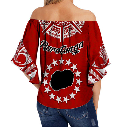 Rarotonga Cook Islands Off Shoulder Waist Wrap Top Turtle and Map Style Red