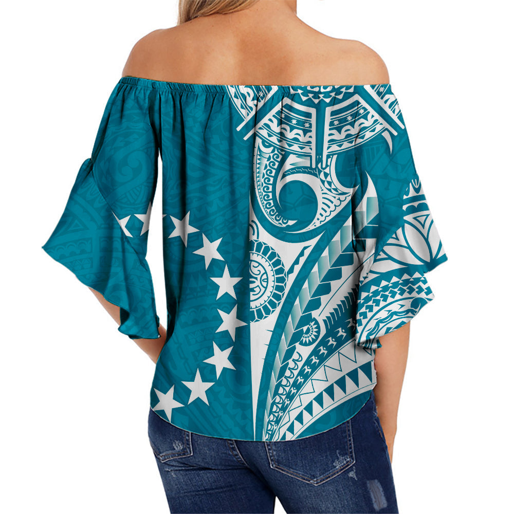 Cook Islands Tatau Off Shoulder Waist Wrap Top Symbolize Passion Stars Version Blue