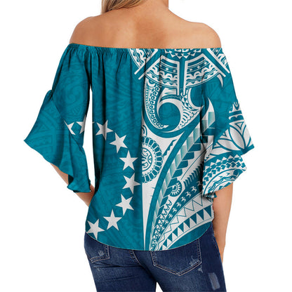 Cook Islands Tatau Off Shoulder Waist Wrap Top Symbolize Passion Stars Version Blue