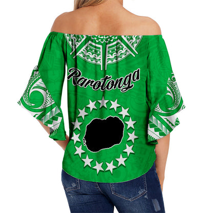 Rarotonga Cook Islands Off Shoulder Waist Wrap Top Turtle and Map Style Green