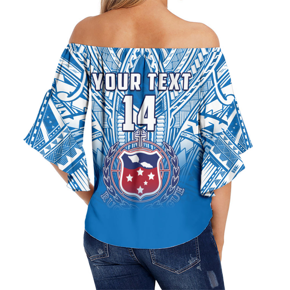 (Custom Text And Number) Samoa Rugby Off Shoulder Waist Wrap Top Personalise Toa Samoa Polynesian Pacific Blue Version