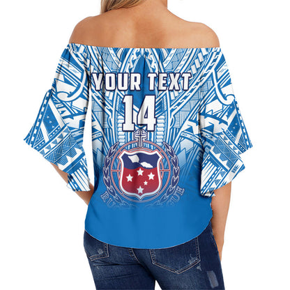 (Custom Text And Number) Samoa Rugby Off Shoulder Waist Wrap Top Personalise Toa Samoa Polynesian Pacific Blue Version