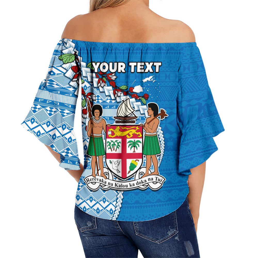 (Custom Personalised) Fiji Off Shoulder Waist Wrap Top Fijian Drua Mix Tagimaucia Flower Blue Style