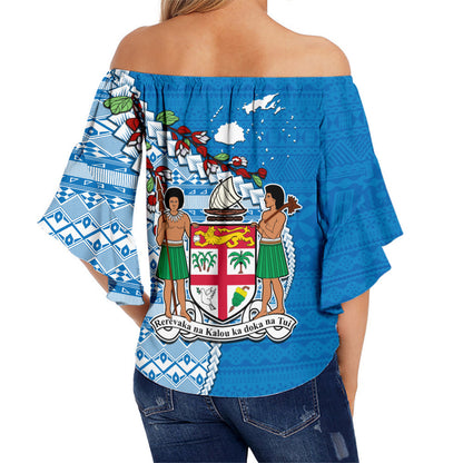 Fiji Off Shoulder Waist Wrap Top Fijian Drua Mix Tagimaucia Flower Blue Style