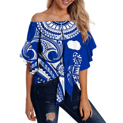 Rarotonga Cook Islands Off Shoulder Waist Wrap Top Turtle and Map Style Blue