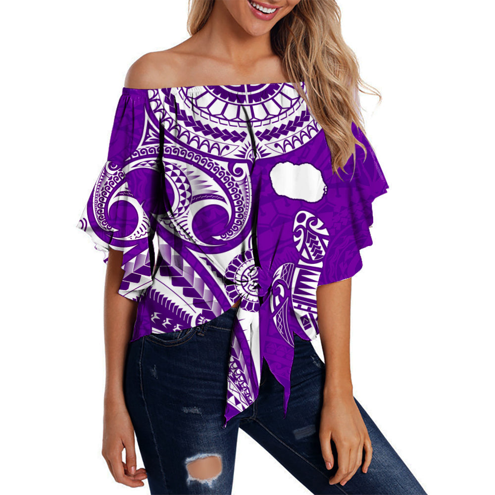 Rarotonga Cook Islands Off Shoulder Waist Wrap Top Turtle and Map Style Purple