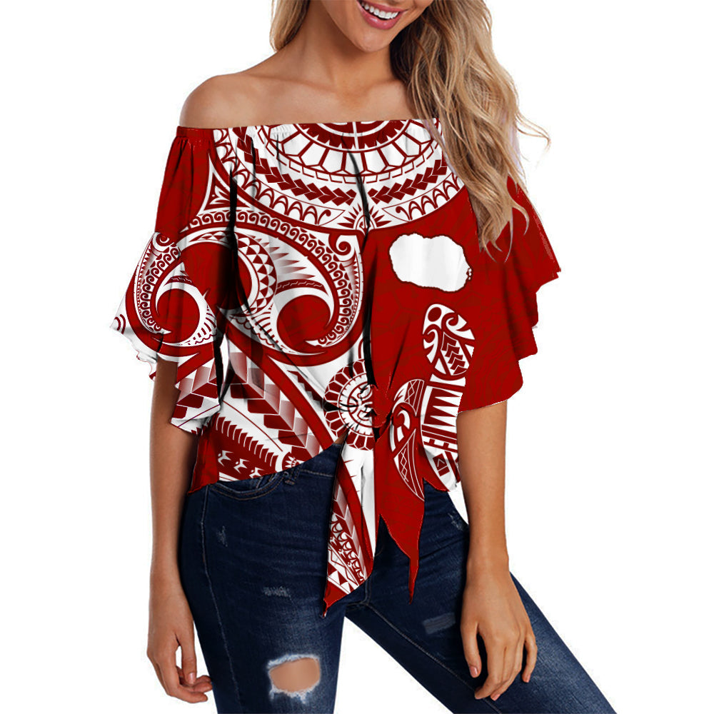 Rarotonga Cook Islands Off Shoulder Waist Wrap Top Turtle and Map Style Red
