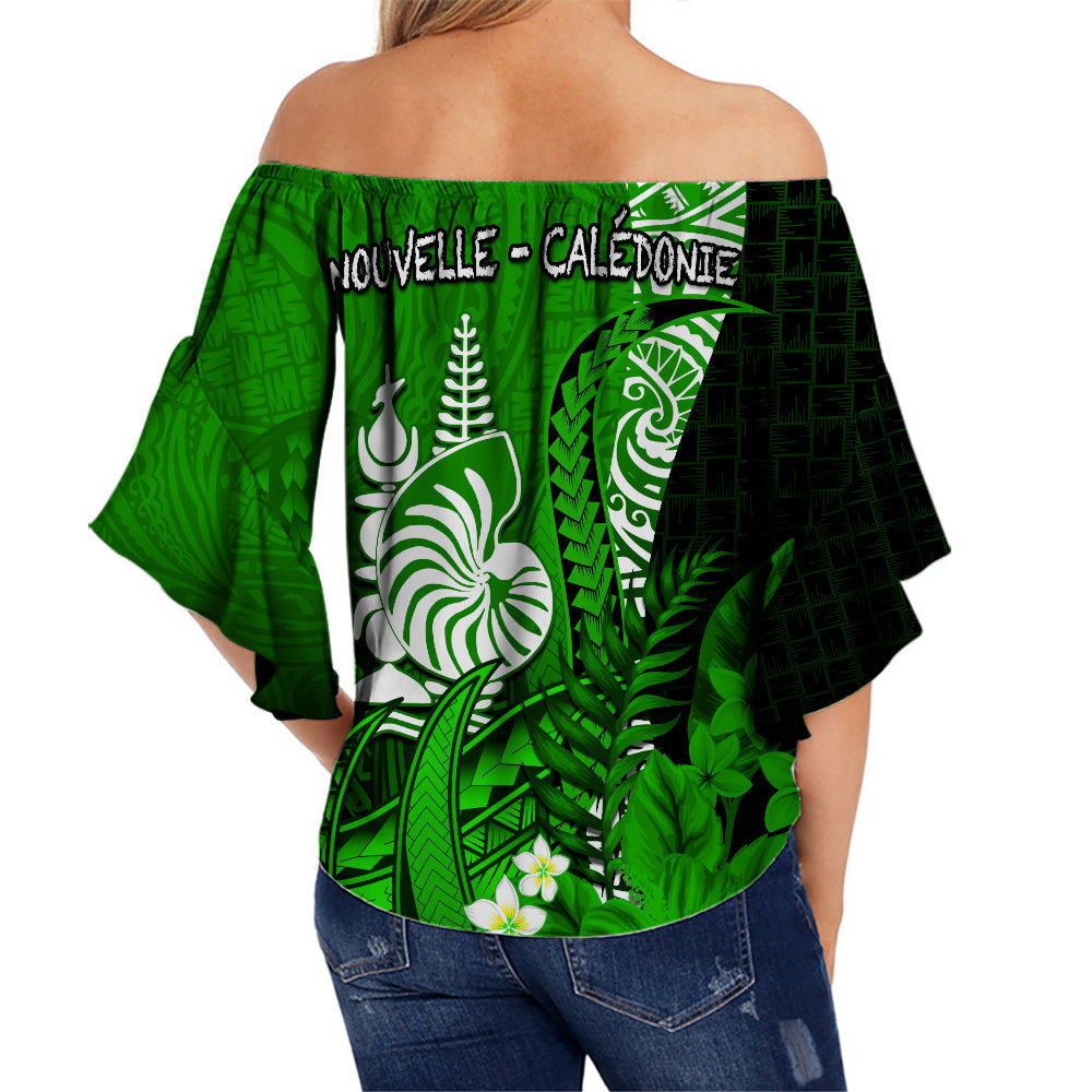(Custom Personalised) New Caledonia Off Shoulder Waist Wrap Top Nautilus Green Polynesian Hibiscus