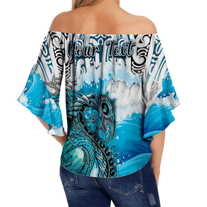 (Custom Personalised) Manaia Maori Off Shoulder Waist Wrap Top Fern Aotearoa Blue Waves