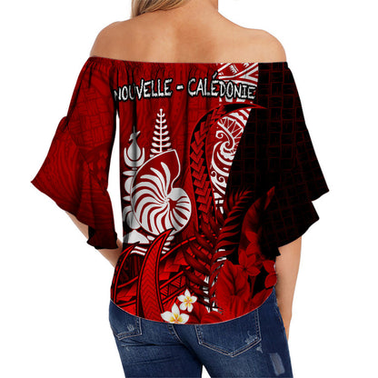 (Custom Personalised) New Caledonia Off Shoulder Waist Wrap Top Nautilus Red Polynesian Hibiscus