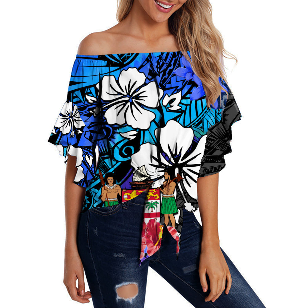 (Custom Text and Number) Fiji Tie Dye Off Shoulder Waist Wrap Top Polynesian Blue Tribal Creative Tropical Flowers