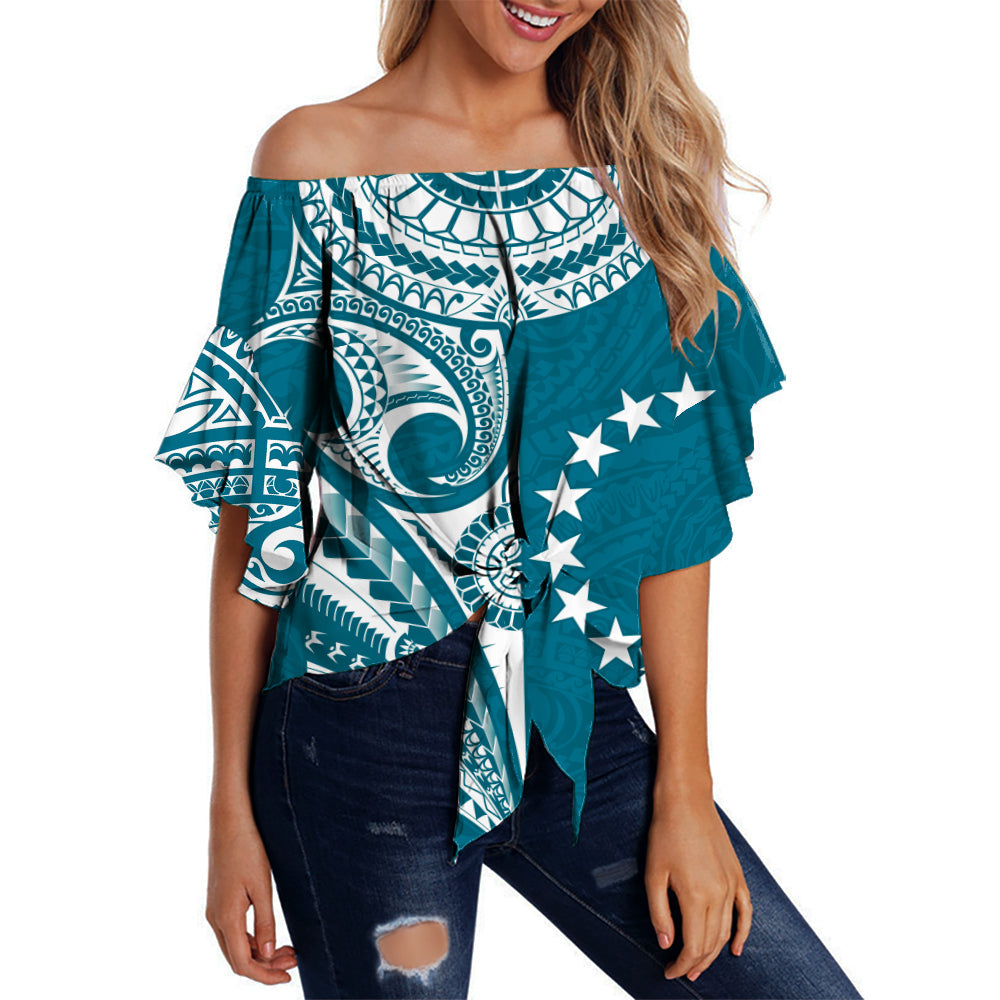(Custom Text and Number) Cook Islands Tatau Off Shoulder Waist Wrap Top Symbolize Passion Stars Version Blue