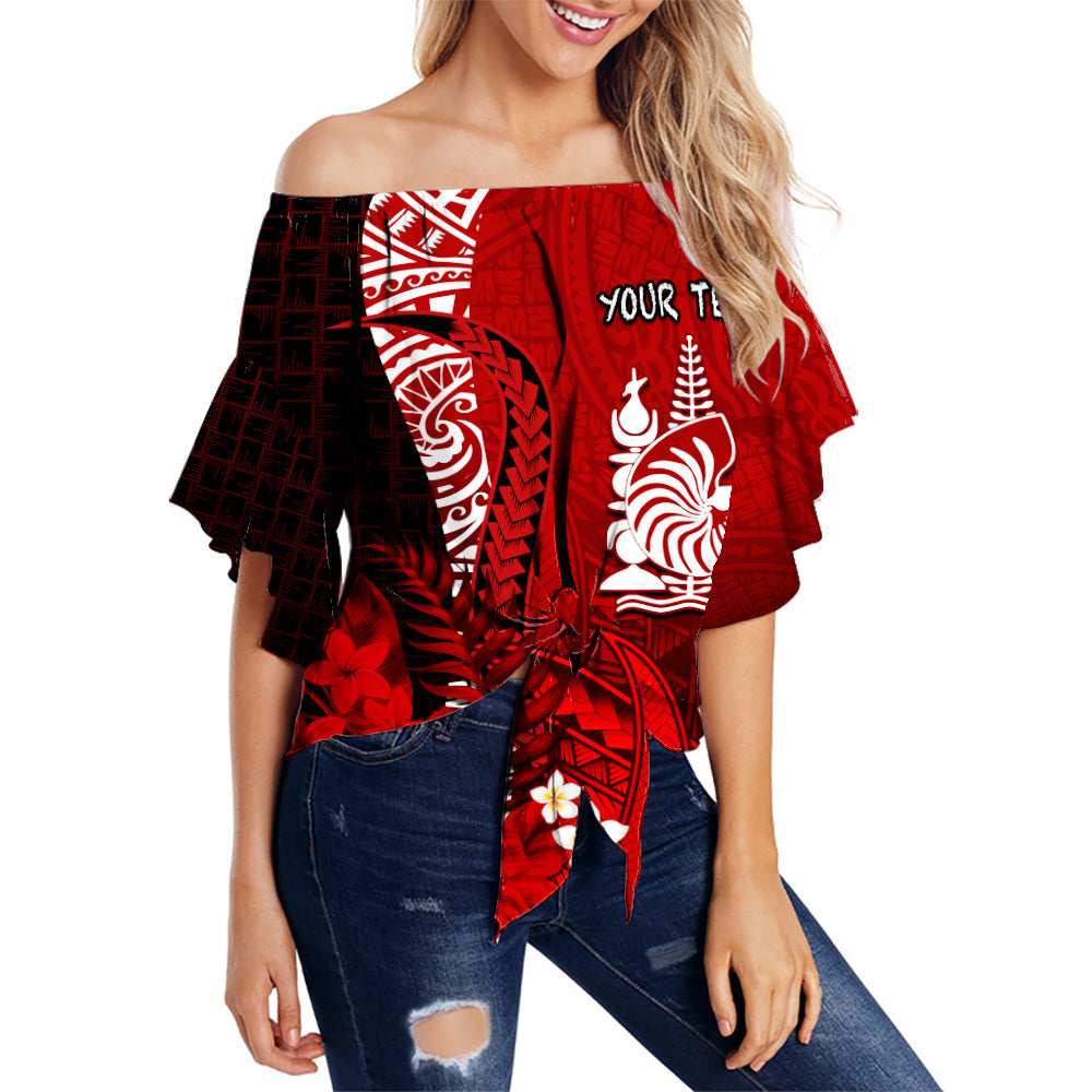(Custom Personalised) New Caledonia Off Shoulder Waist Wrap Top Nautilus Red Polynesian Hibiscus