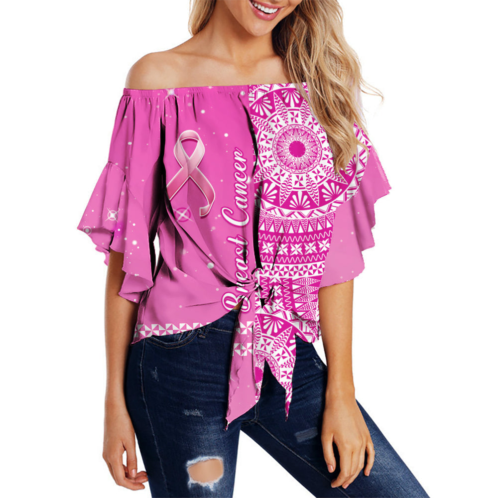 Tonga Breast Cancer Off Shoulder Waist Wrap Top Tongan Ngatu Pattern No One Fights Alone
