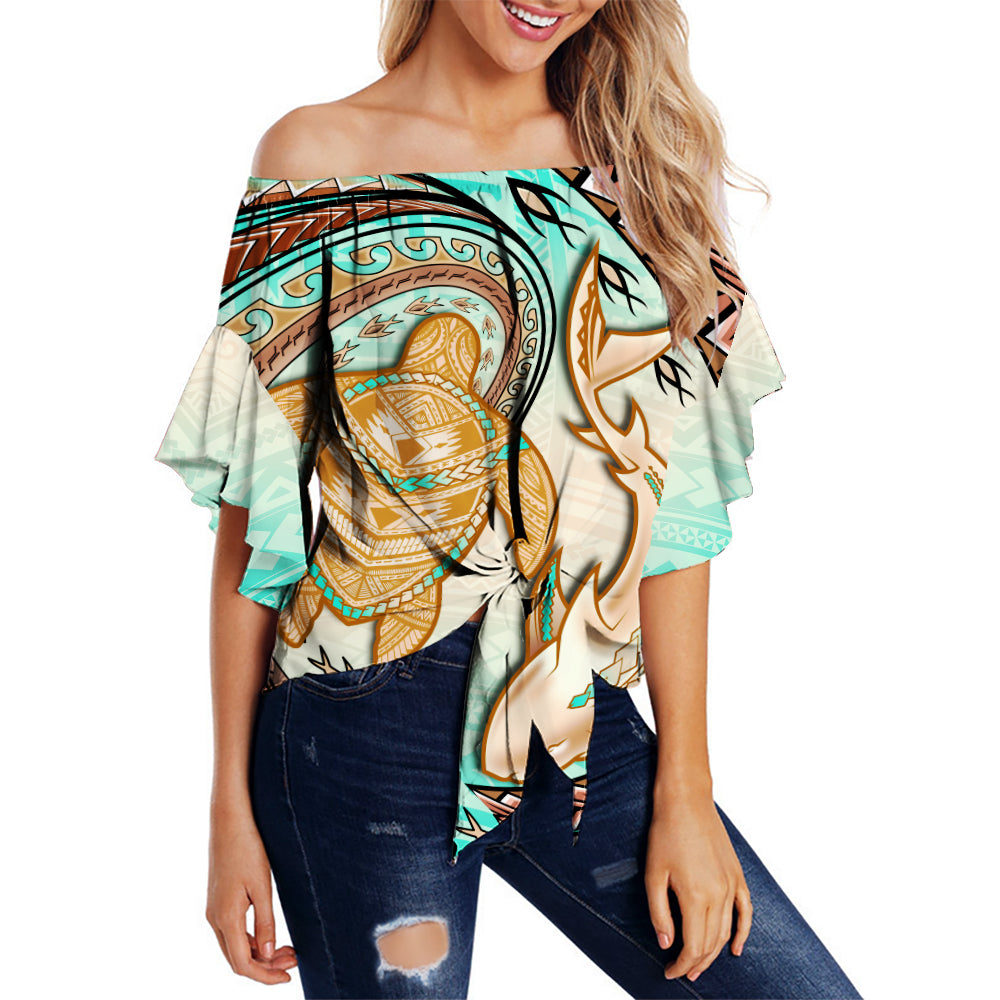 Hawaii Off Shoulder Waist Wrap Top Polynesian Shark And Sea Turtle Dreamy Turquoise Artsy
