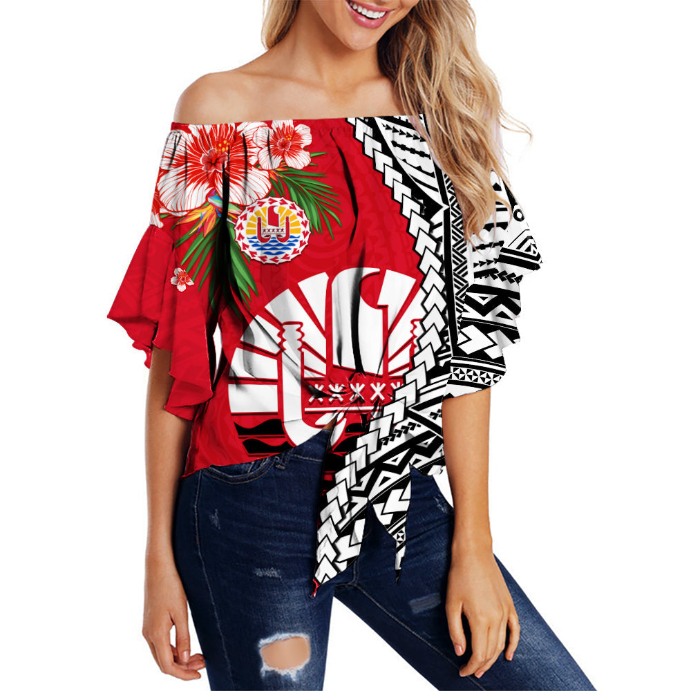 Tahiti Islands Off Shoulder Wrap Waist Top Polynesian Shark Mix Tropical Flowers
