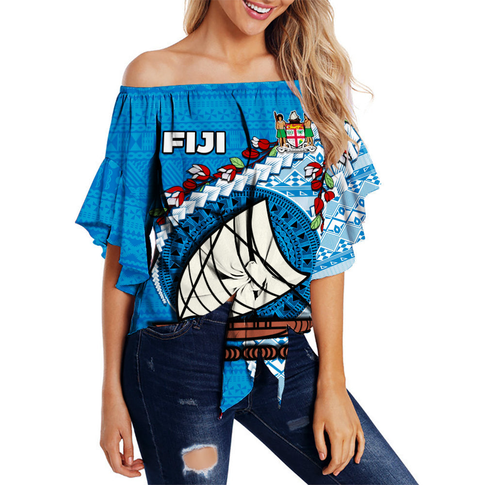 Fiji Off Shoulder Waist Wrap Top Fijian Drua Mix Tagimaucia Flower Blue Style