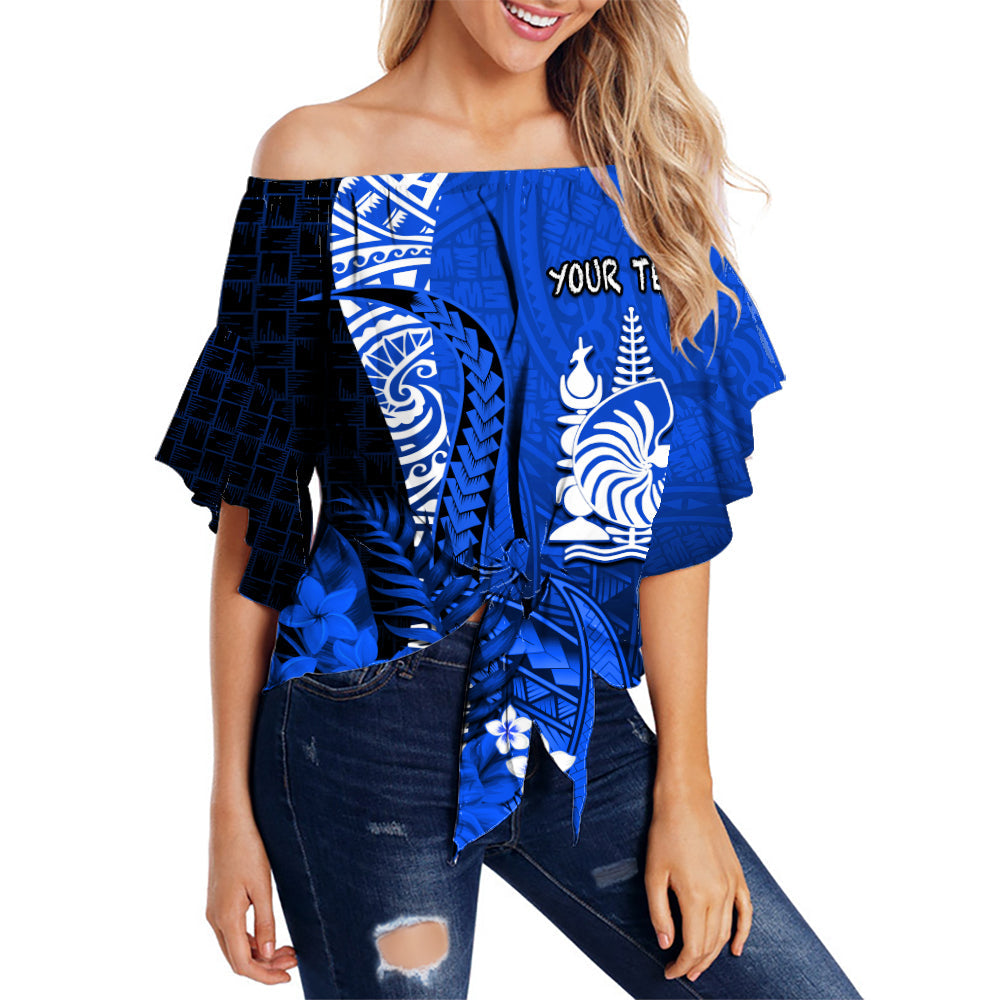 (Custom Personalised) New Caledonia Off Shoulder Waist Wrap Top Nautilus Blue Polynesian Hibiscus