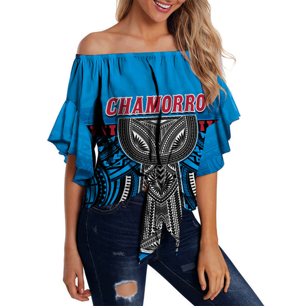 (Custom Personalised) Guam Chamorro Off Shoulder Waist Wrap Top Latte Stone Blue Polynesian Haligi