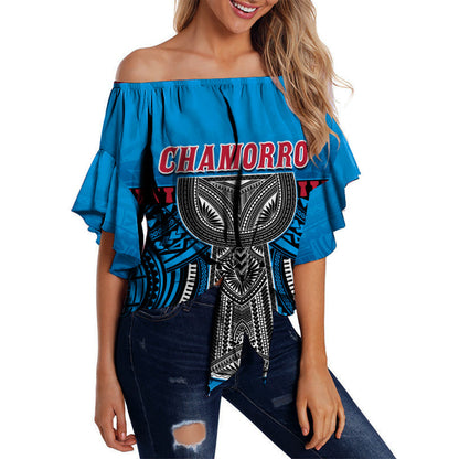 (Custom Personalised) Guam Chamorro Off Shoulder Waist Wrap Top Latte Stone Blue Polynesian Haligi