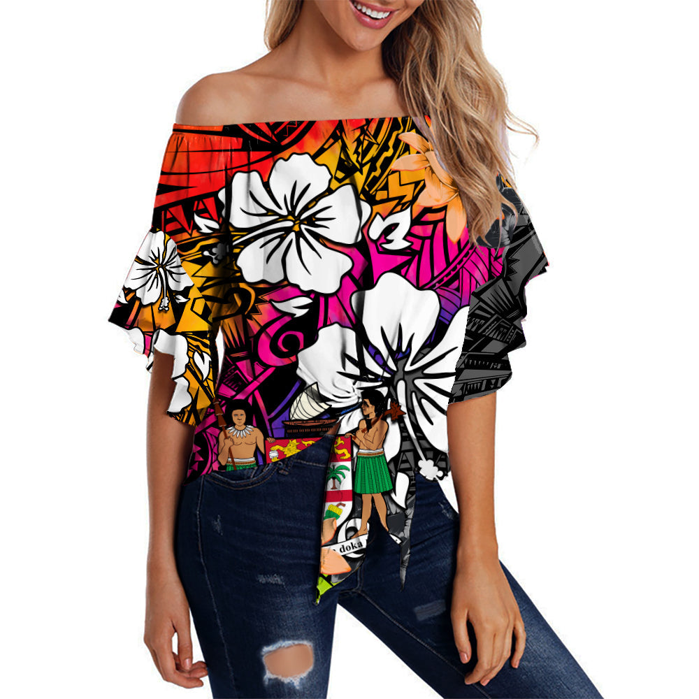 Fiji Tie Dye Off Shoulder Waist Wrap Top Polynesian Tribal Creative Tropical Flowers