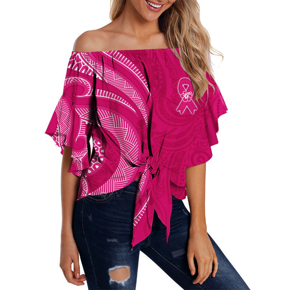 Breast Cancer Awareness Off Shoulder Waist Wrap Top Hibiscus Polynesian No One Fights Alone