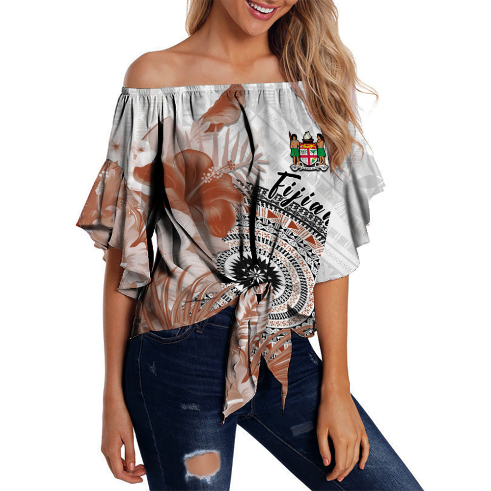 (Custom Personalised) Fiji Tapa Off Shoulder Waist Wrap Top White Fijian Masi Be Loved Hibiscus