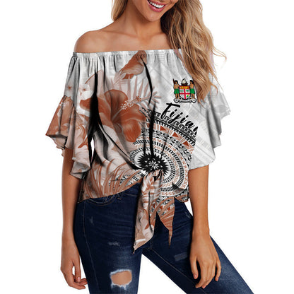 (Custom Personalised) Fiji Tapa Off Shoulder Waist Wrap Top White Fijian Masi Be Loved Hibiscus